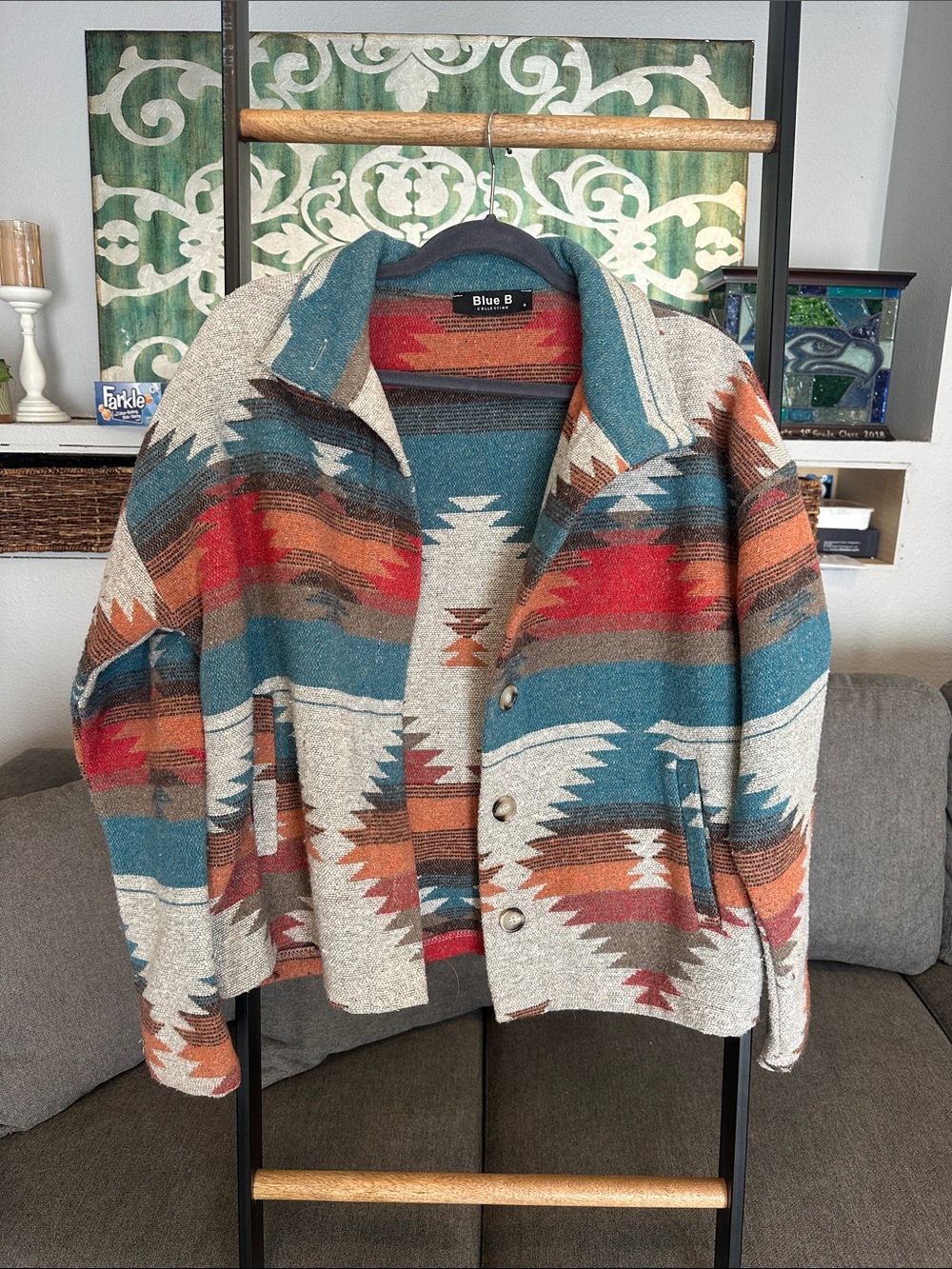 Blue B Collection Southwestern Patterned Jacket - Teal, Rust, Cream